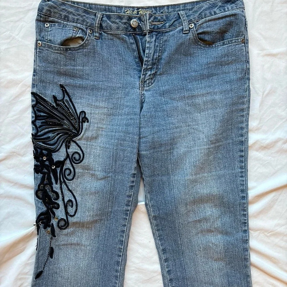 Vintage Blue and black butterfly beaded sequin embroidered low rise denim jeans